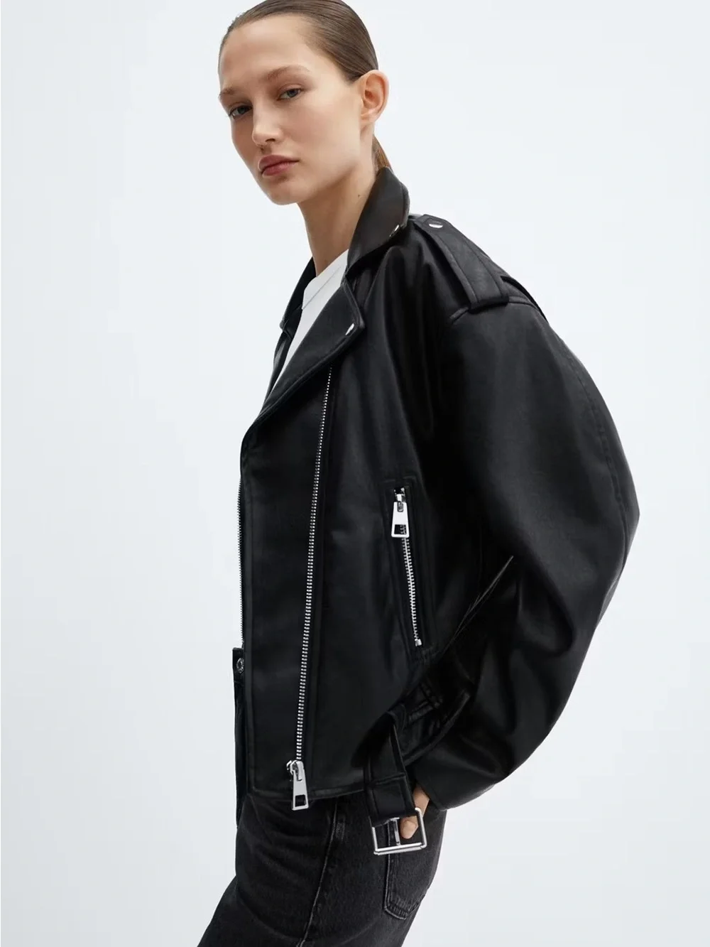 Mango Faux-Leather Oversized Biker Jacket - Black - XXL